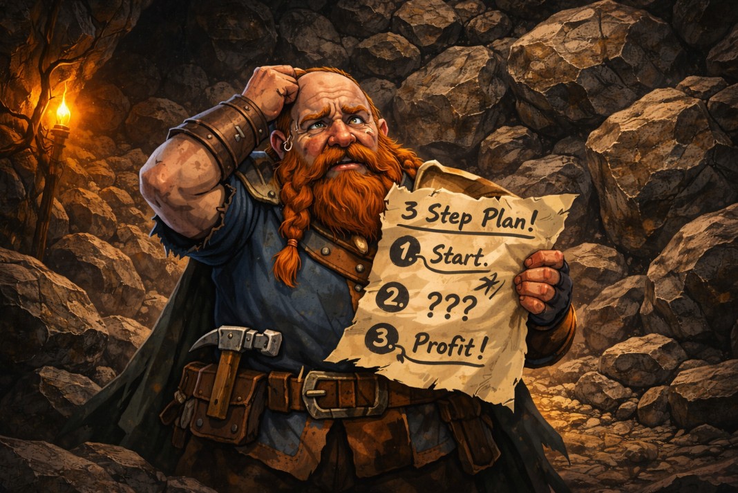 Overwhelmed dwarf with inadequate tools facing impossible task