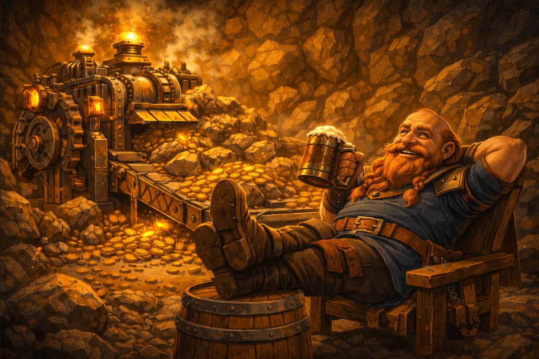 Dwarf relaxing while automated machine handles all the work